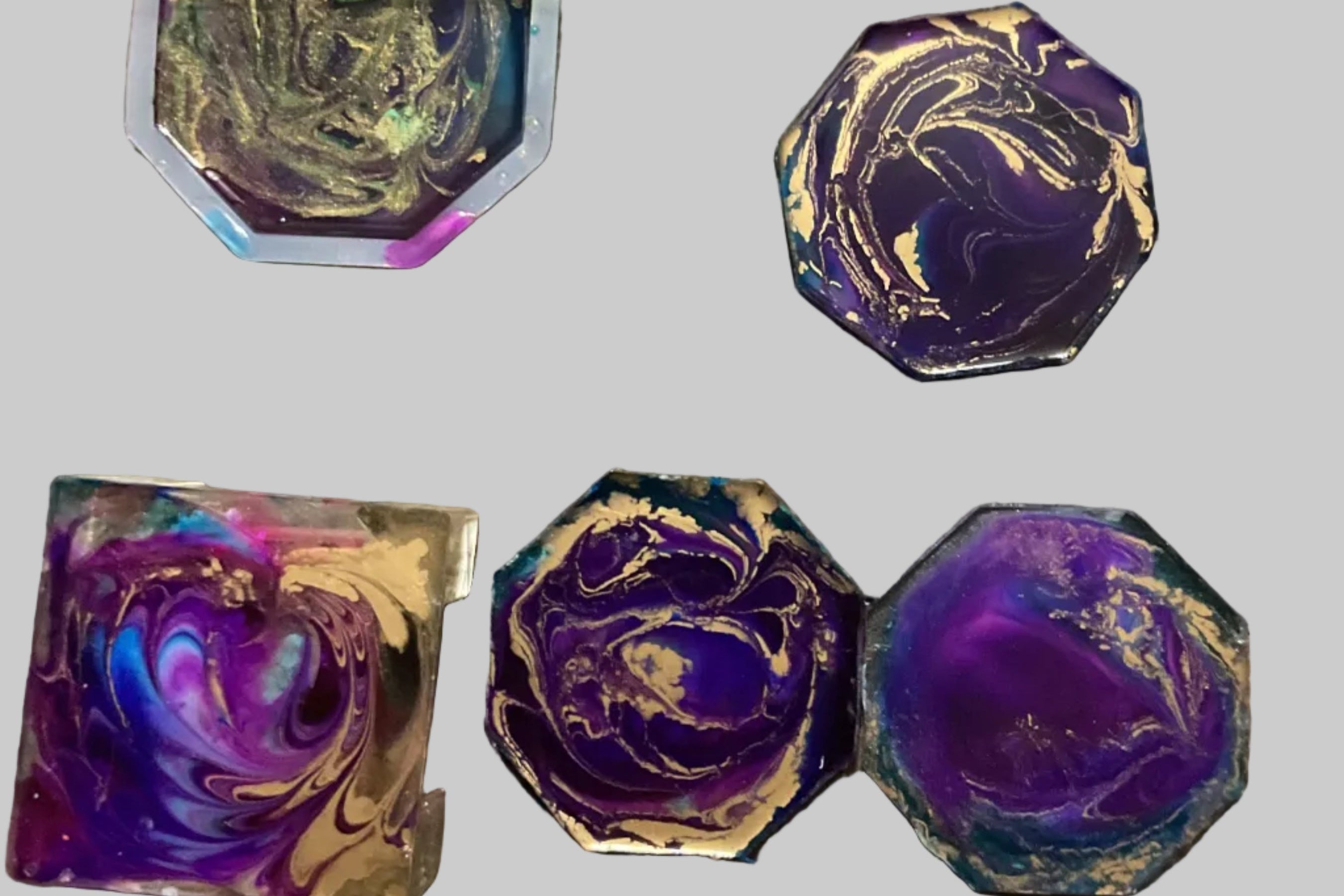 Purple and gold  royalty coasters plus a coaster holder