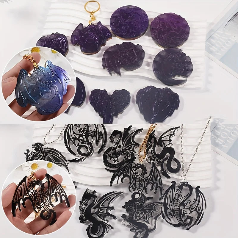 1pc DIY Epoxy Resin Dragon And Phoenix Pattern Necklace Keychain Silicone Mold Jewelry Pendant Drop Glue Mold