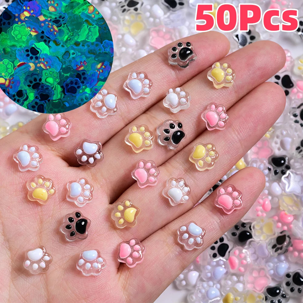 50Pcs 3D Luminous Cat's Paw Nail Charms Cute Resin Cat Paws Y2K Nail Art Decorations DIY Hair Clip Crafts Manicure Accessories &